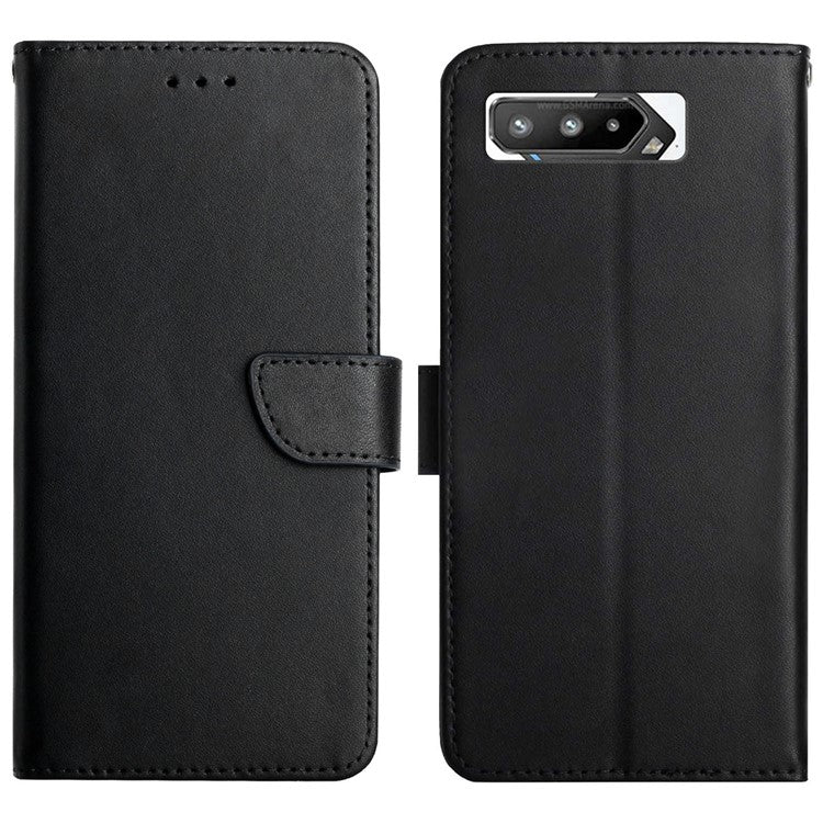 Nappa Texture Genuine Leather Folio Flip Cover Phone Shell Wallet Stand Case for Asus ROG Phone 5 - Black
