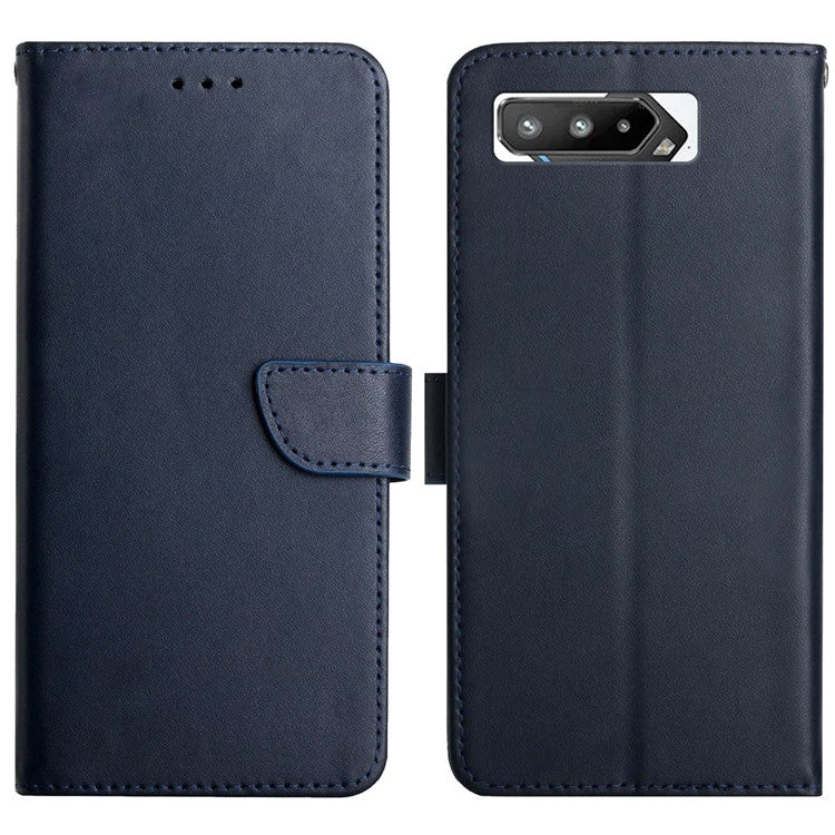 Nappa Texture Genuine Leather Folio Flip Cover Phone Shell Wallet Stand Case for Asus ROG Phone 5 - Blue