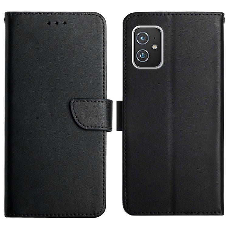 Flip Design Wallet Stand Phone Cover Genuine Leather + TPU Nappa Texture Full Body Protective Phone Case for Asus Zenfone 8 - Black