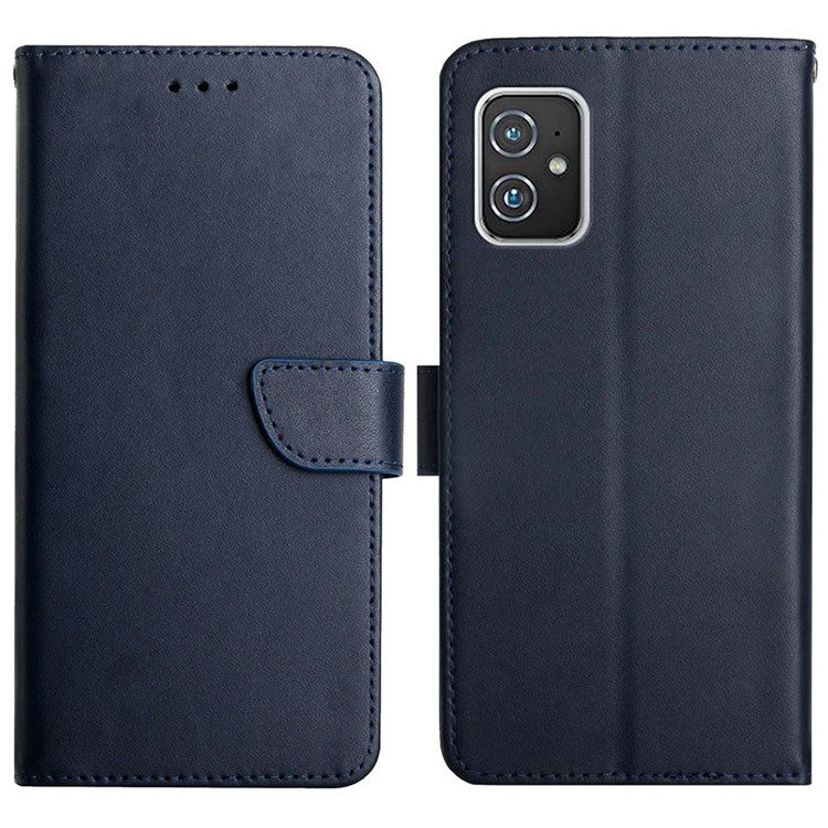 Flip Design Wallet Stand Phone Cover Genuine Leather + TPU Nappa Texture Full Body Protective Phone Case for Asus Zenfone 8 - Blue
