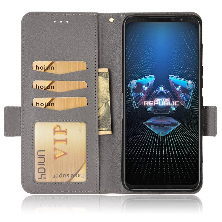 For Asus ROG Phone 5 / ROG Phone 5s / ZS676KS / ZS673KS Litchi Texture PU Leather Phone Case Magnetic Closure Wallet Stand Flip Shockproof Cover - Grey