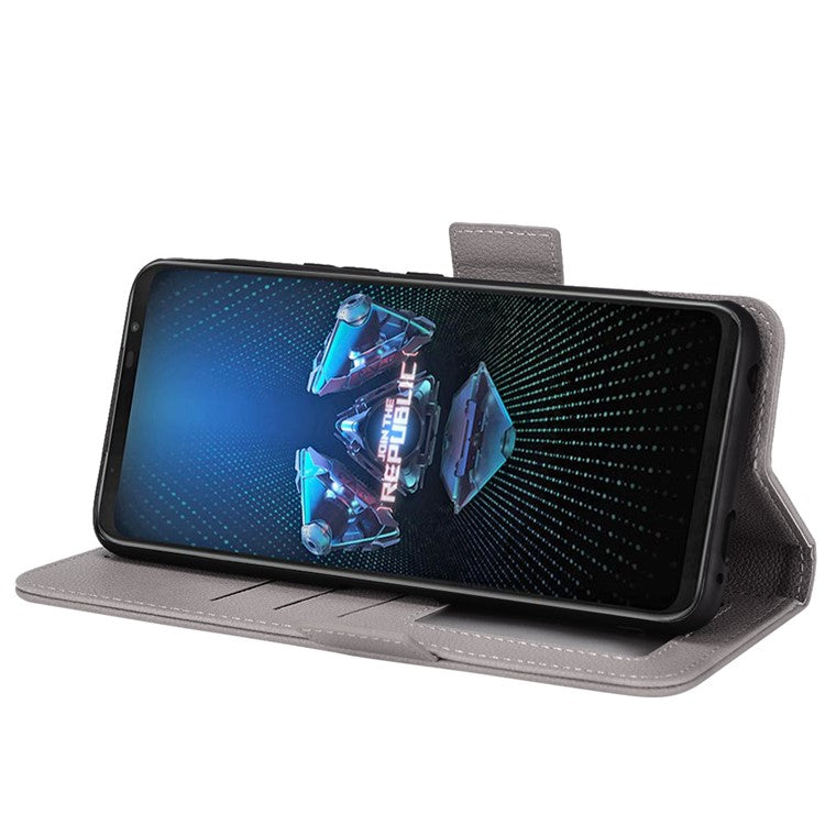 For Asus ROG Phone 5 / ROG Phone 5s / ZS676KS / ZS673KS Litchi Texture PU Leather Phone Case Magnetic Closure Wallet Stand Flip Shockproof Cover - Grey