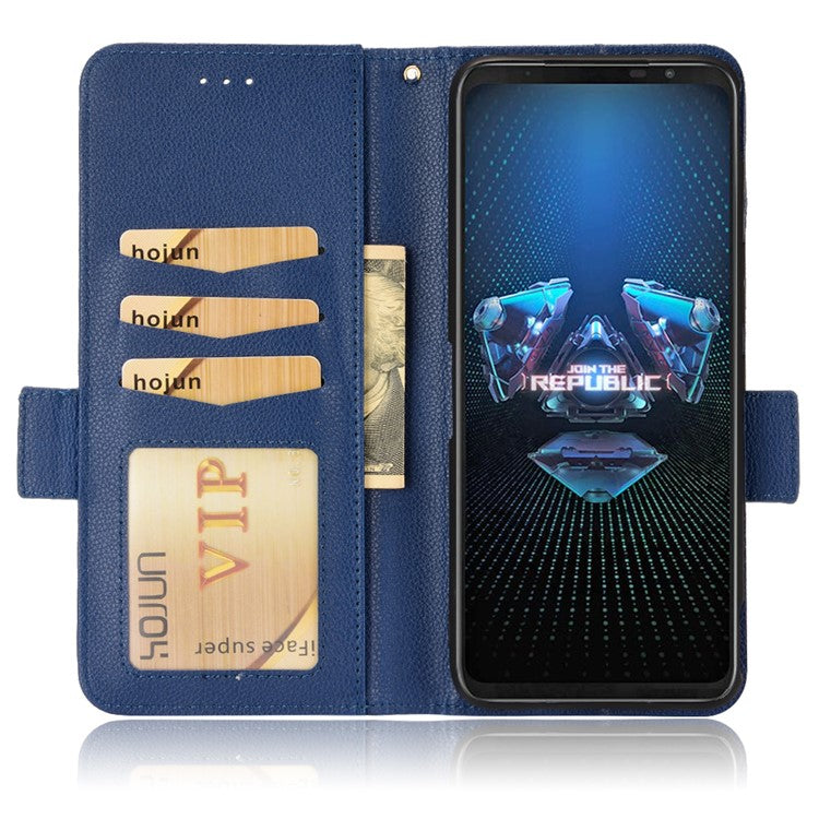 For Asus ROG Phone 5 / ROG Phone 5s / ZS676KS / ZS673KS Litchi Texture PU Leather Phone Case Magnetic Closure Wallet Stand Flip Shockproof Cover - Dark Blue
