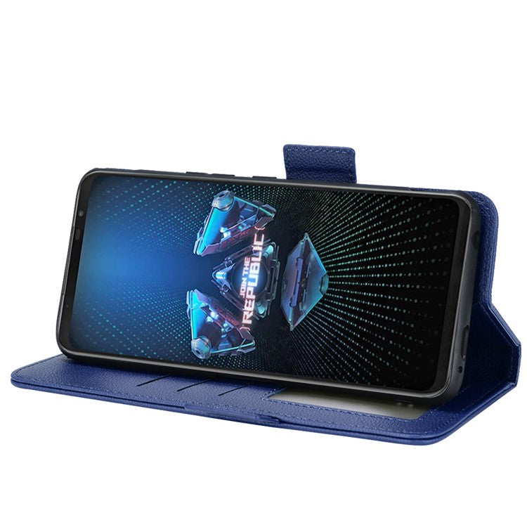 For Asus ROG Phone 5 / ROG Phone 5s / ZS676KS / ZS673KS Litchi Texture PU Leather Phone Case Magnetic Closure Wallet Stand Flip Shockproof Cover - Dark Blue
