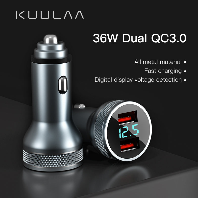 KUULAA 36W Dual QC 3.0 Quick Charging Car Phone Charger Cigarette Lighter USB Charger with Voltage Display
