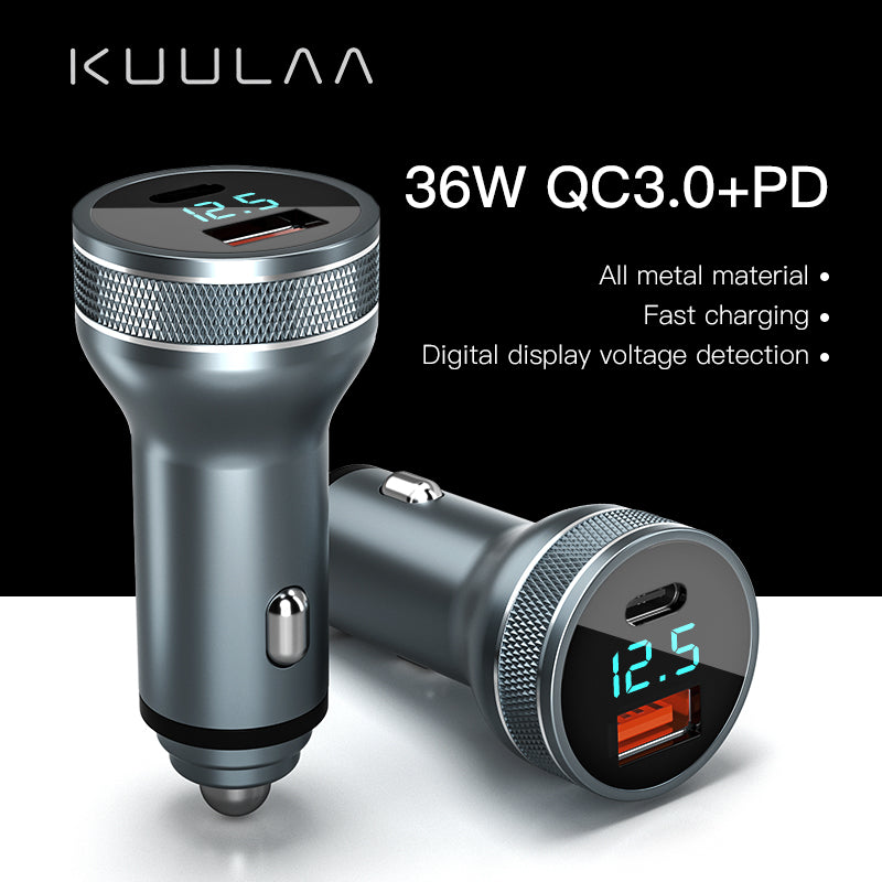 KUULAA 36W QC 3.0+PD 18W Car Phone Charger Cigarette Lighter USB Fast Charging Charger Adapter with Voltage Display
