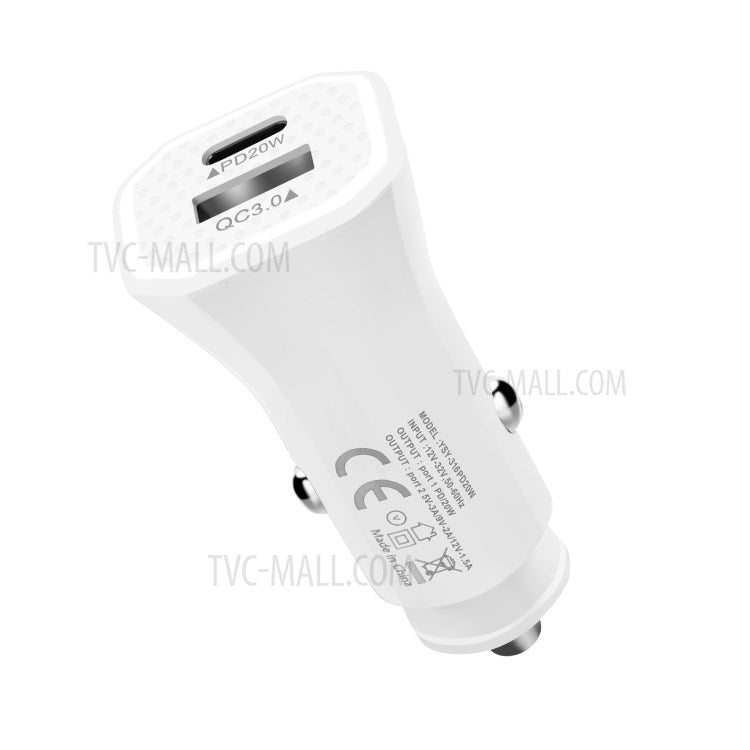 YSY-316PD20W QC3.0 USB + PD 20W Type-C Dual Port Mobile Phone Car Charger Fast Charging Adapter - White