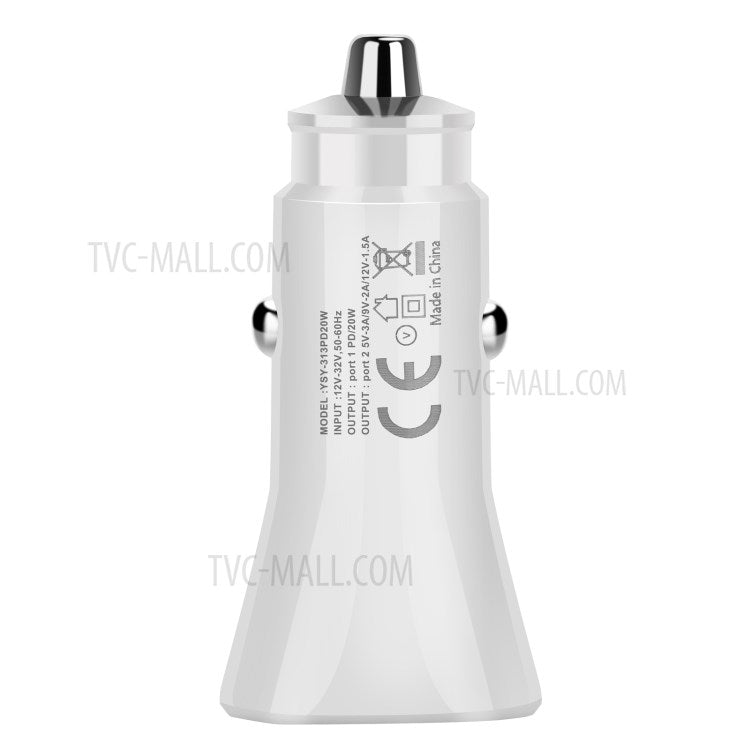 SY-313PD20W QC3.0 USB + PD 20W Type-C Dual Port Car Charger Adapter for iPhone 12 Pro Xiaomi Huawei - White
