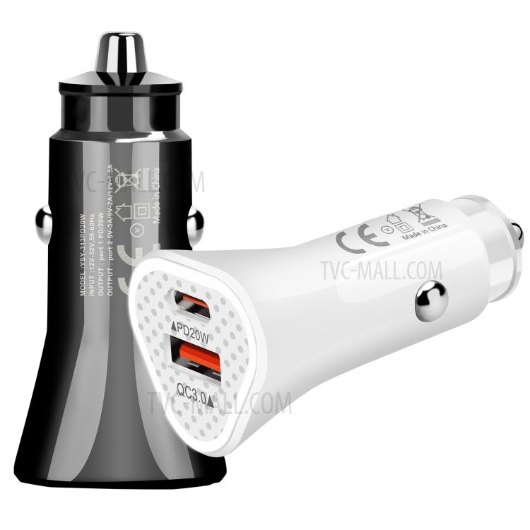 SY-313PD20W QC3.0 USB + PD 20W Type-C Dual Port Car Charger Adapter for iPhone 12 Pro Xiaomi Huawei - White