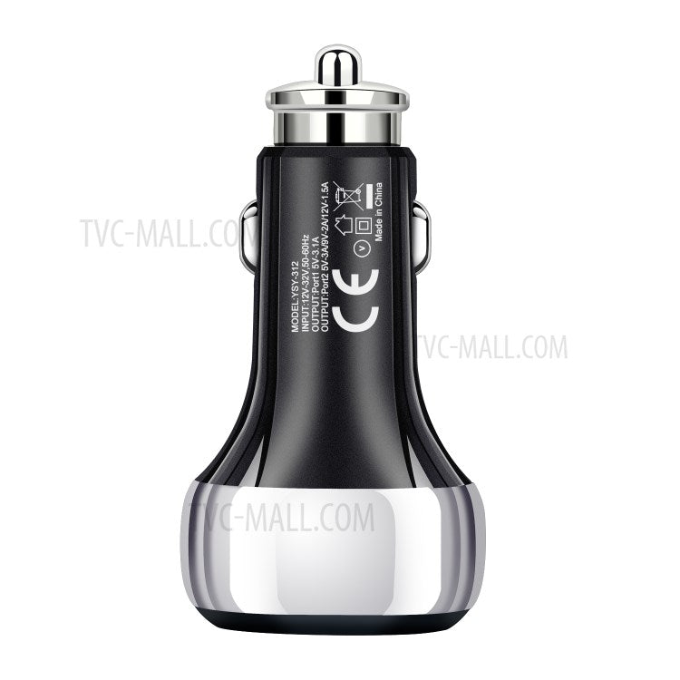 YSY-312PD QC3.0 USB + PD 18W Type-C Dual Port Car Charger Fast Charging Adapter for Huawei/iPhone - Black