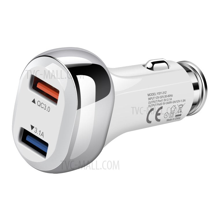 YSY-312PD QC3.0 USB + PD 18W Type-C Dual Port Car Charger Fast Charging Adapter for Huawei/iPhone - White