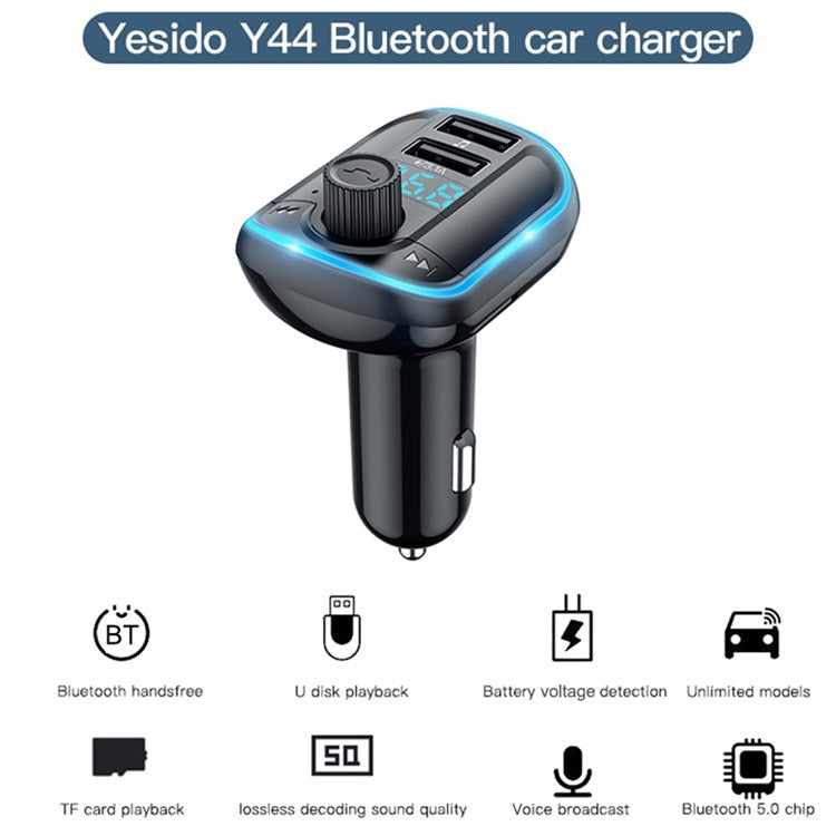 YESIDO Y44 Bluetooth FM Transmitter for Car 2 USB Ports Charger Battery Voltage Detection Audio Adapter