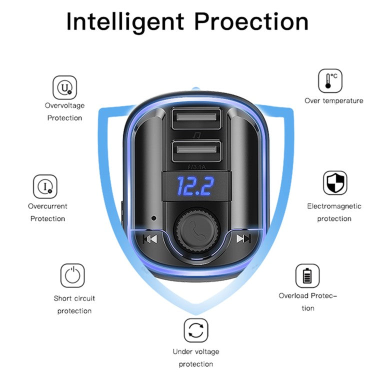 YESIDO Y44 Bluetooth FM Transmitter for Car 2 USB Ports Charger Battery Voltage Detection Audio Adapter