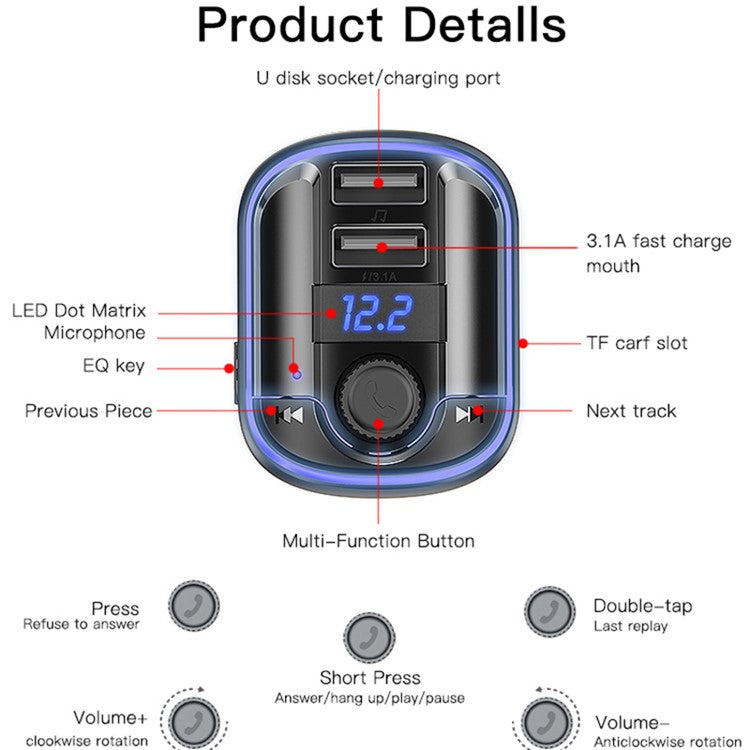 YESIDO Y44 Bluetooth FM Transmitter for Car 2 USB Ports Charger Battery Voltage Detection Audio Adapter