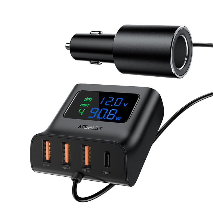 ACEFAST B8 USB+Type-C 4-Port Digital Display Car HUB Charger with 90cm Cable Length