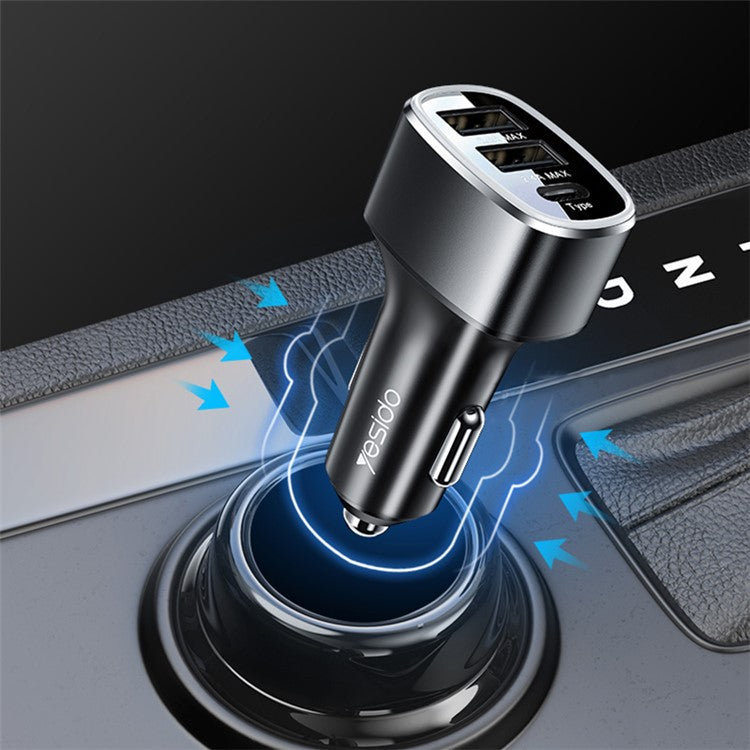 YESIDO Y47 3 Ports 49W Fast Charging Car Charger Type-C Phone Power Adapter