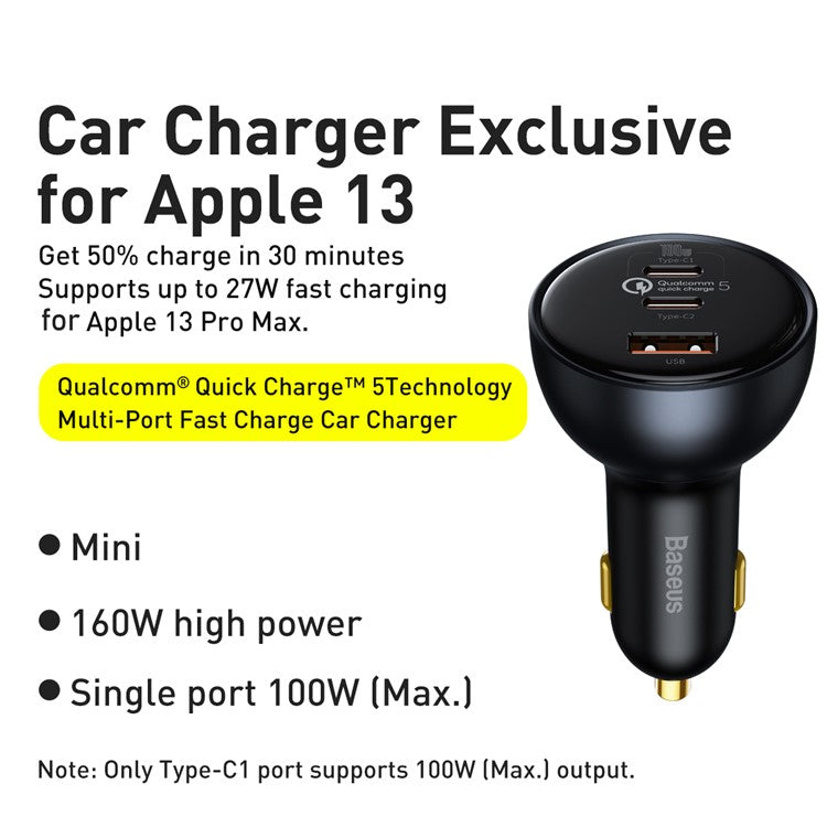 BASEUS Qualcomm QC 5.0 Technology Multi-Port Fast Charge Car Charger Type-C+Type-C+USB 160W Power Adapter with Type-C Cable