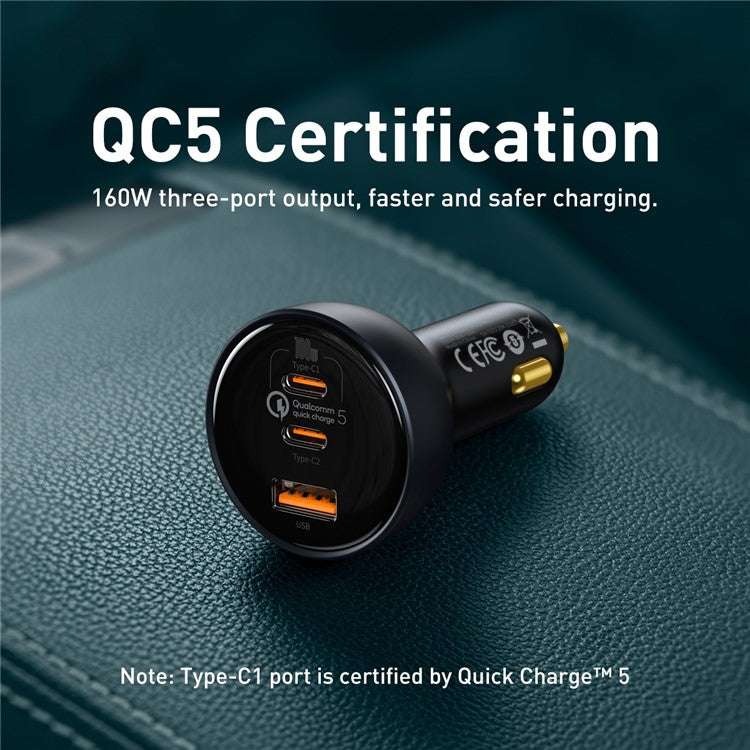 BASEUS Qualcomm QC 5.0 Technology Multi-Port Fast Charge Car Charger Type-C+Type-C+USB 160W Power Adapter with Type-C Cable