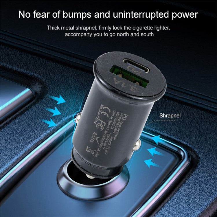 TE-339PD 5V/3.1A PC Type-C + 3.1A USB Mini Car Charger Dual Ports Cigarette Lighter Fast Charging - Black