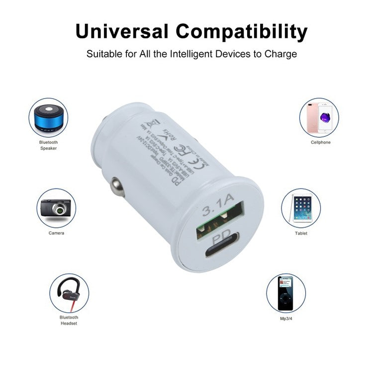 TE-339PD 5V/3.1A PC Type-C + 3.1A USB Mini Car Charger Dual Ports Cigarette Lighter Fast Charging - White