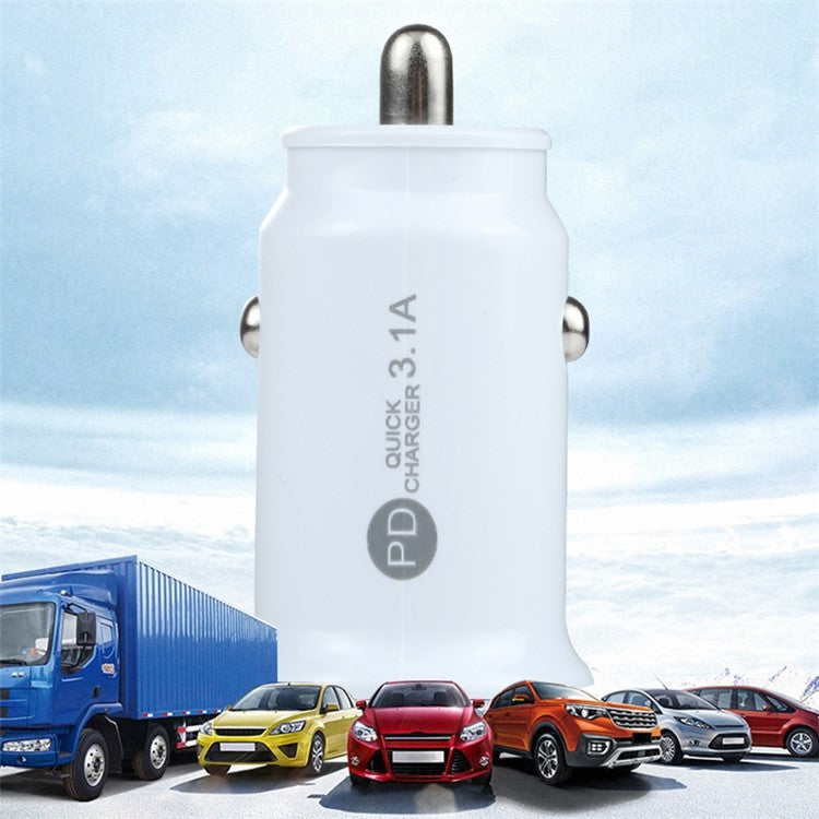 TE-339PD 5V/3.1A PC Type-C + 3.1A USB Mini Car Charger Dual Ports Cigarette Lighter Fast Charging - White