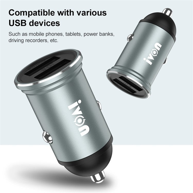 IVON CC37 Mini Car Charger Dual Ports Cigarette Lighter Fast Charging with 1m USB to Type-C Cable