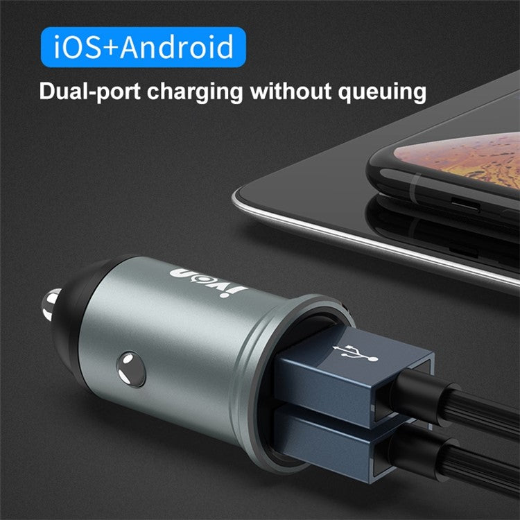 IVON CC37 Mini Car Charger Dual Ports Cigarette Lighter Fast Charging with 1m USB to Type-C Cable