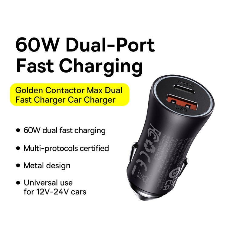 BASEUS Golden Contactor Max USB+Type C 60W Dual Output Fast Charger Universal Car Charger for Cell Phone Camera Tablets Laptops - Dark Grey