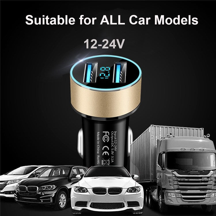 Dual USB Car Charger LED Ring Light Design 5V 3.1A Fast Charger Universal Car Phone Charger for Camera Tablets Laptops - Black / Blue