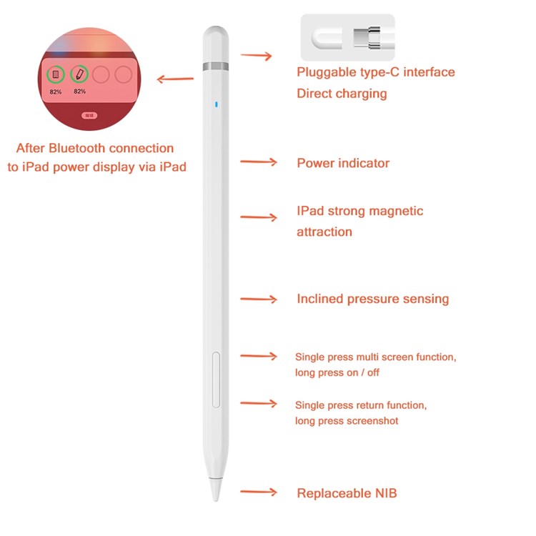 JD50 For iPad (2018 and Later) Active Capacitive Tablet Stylus Pen Magnetic Adsorption Palm Rejection Tilt Sensitivity Stylus Pen