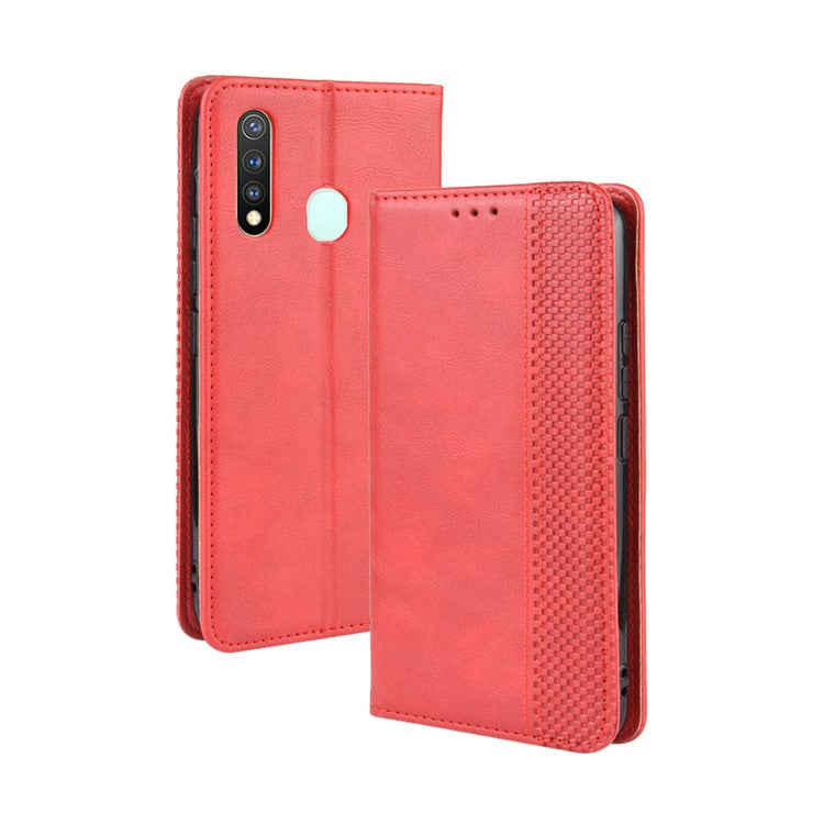 Vintage Style Leather Wallet Case for Vivo Y19/Y5S/U3/U20 - Red