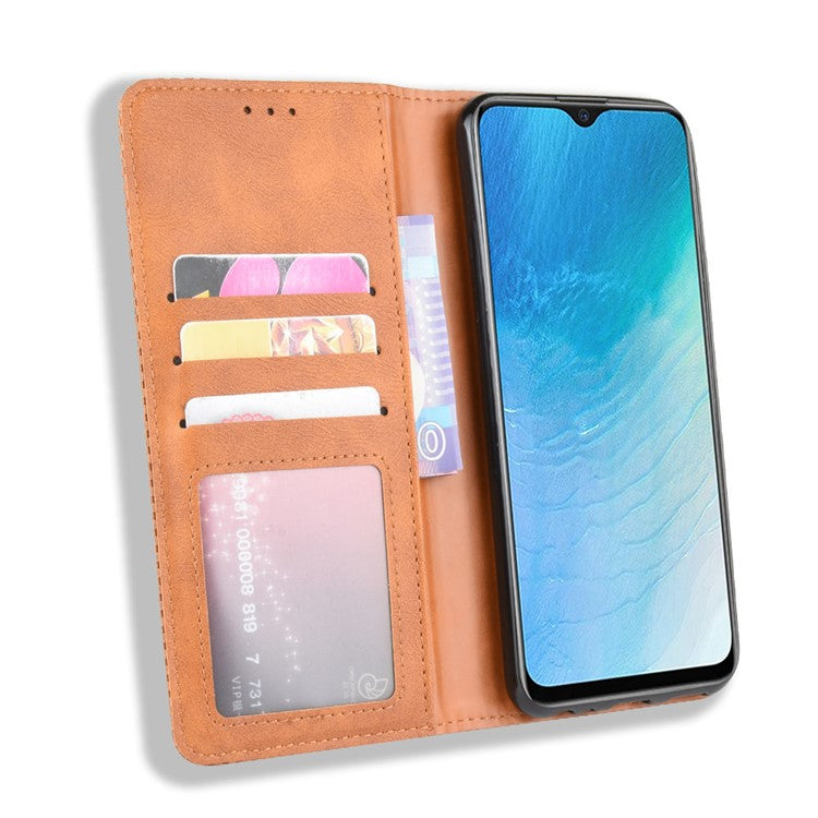 Vintage Style Leather Wallet Case for Vivo Y19/Y5S/U3/U20 - Brown