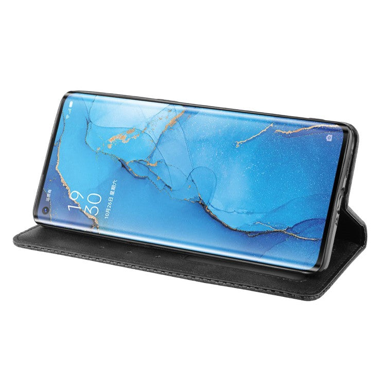 Vintage Style Leather Wallet Case with Stand for Oppo Reno3 Pro 5G - Black