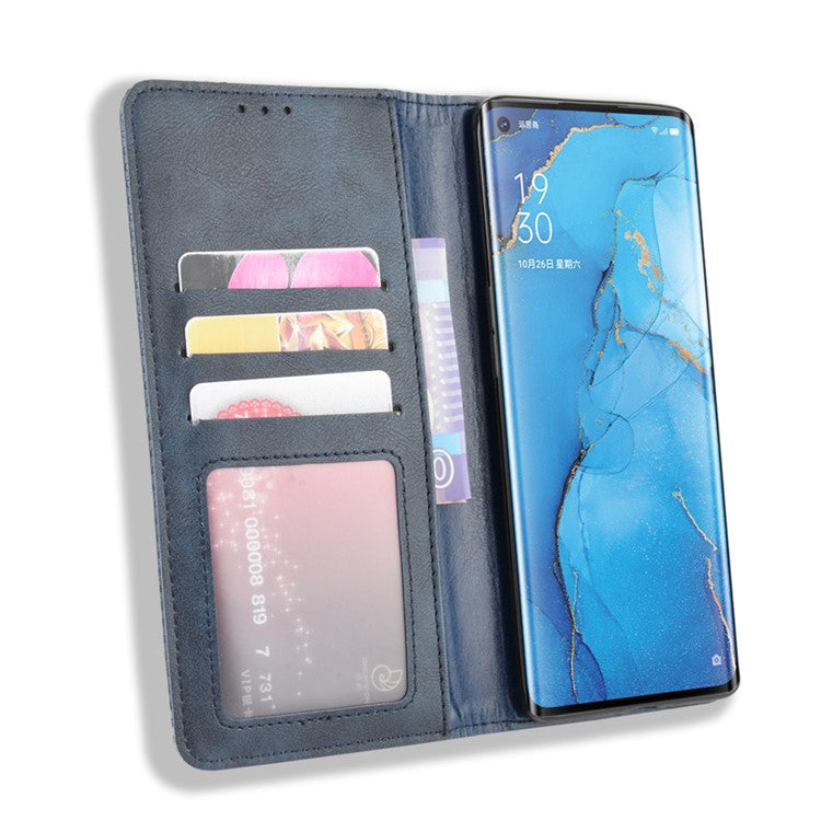 Vintage Style Leather Wallet Case with Stand for Oppo Reno3 Pro 5G - Blue