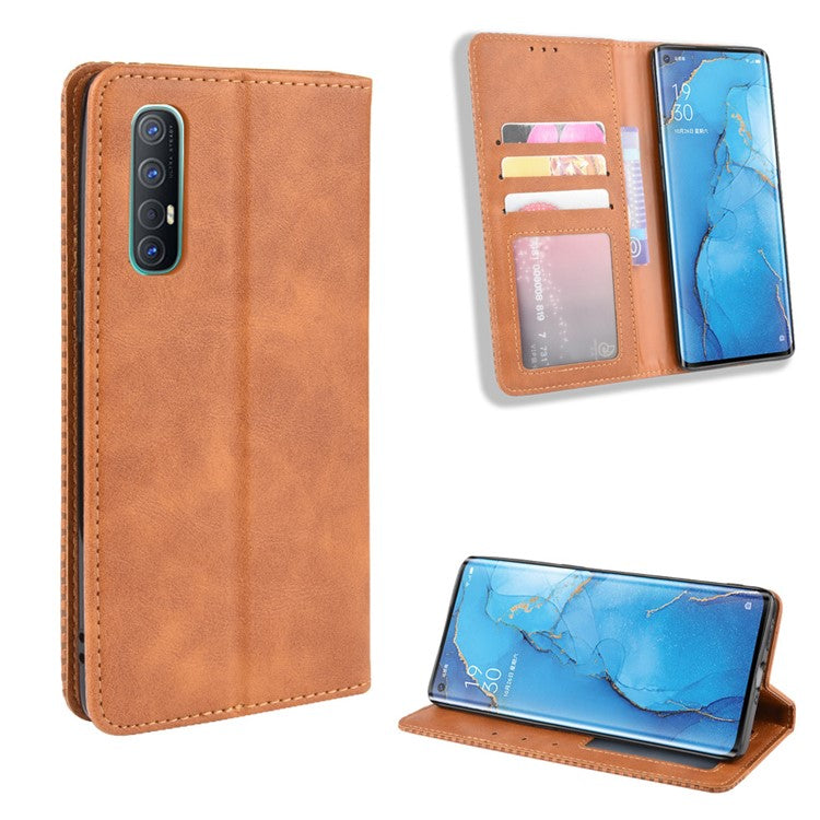 Vintage Style Leather Wallet Case with Stand for Oppo Reno3 Pro 5G - Brown