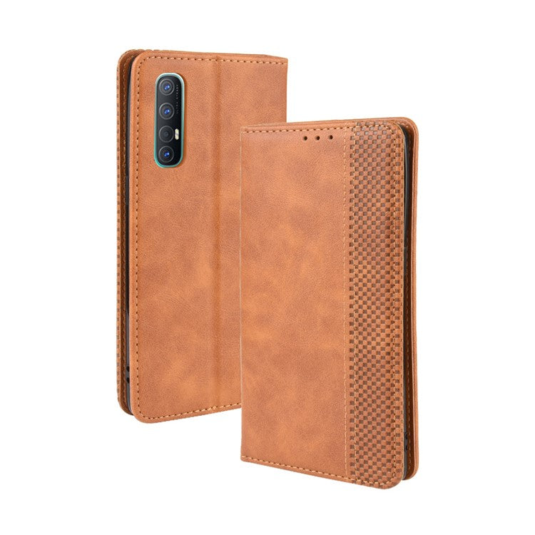 Vintage Style Leather Wallet Case with Stand for Oppo Reno3 Pro 5G - Brown