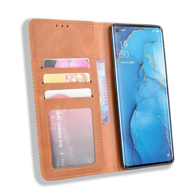 Vintage Style Leather Wallet Case with Stand for Oppo Reno3 Pro 5G - Brown
