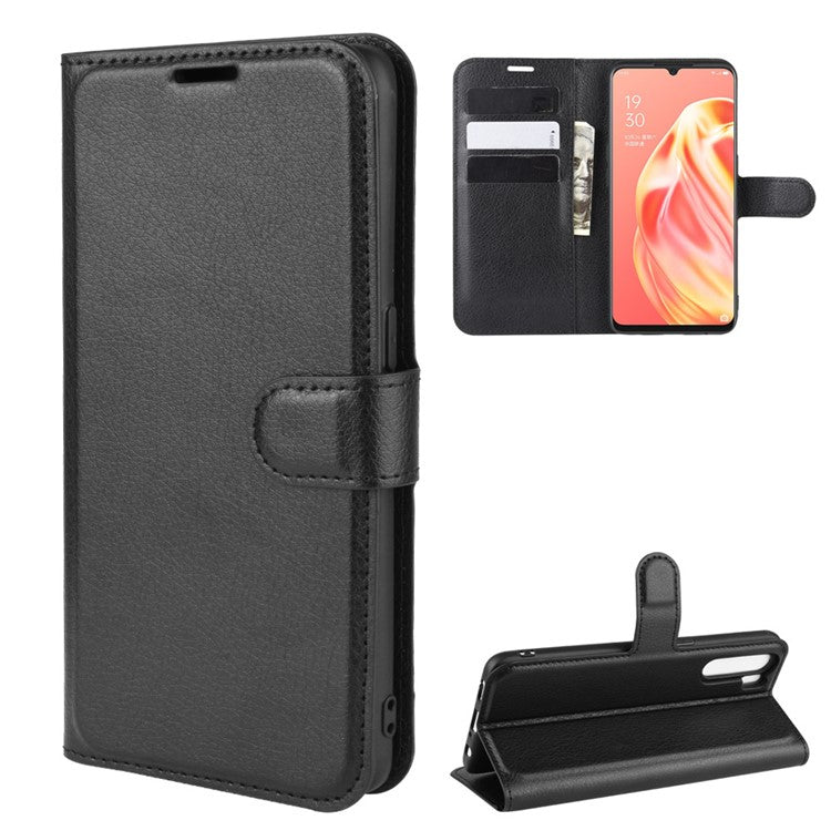 Litchi Texture Wallet Stand Leather Cell Phone Cover for OPPO A91 / F15 - Black