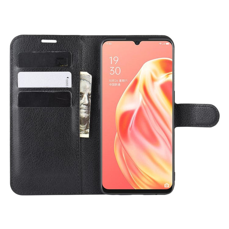 Litchi Texture Wallet Stand Leather Cell Phone Cover for OPPO A91 / F15 - Black
