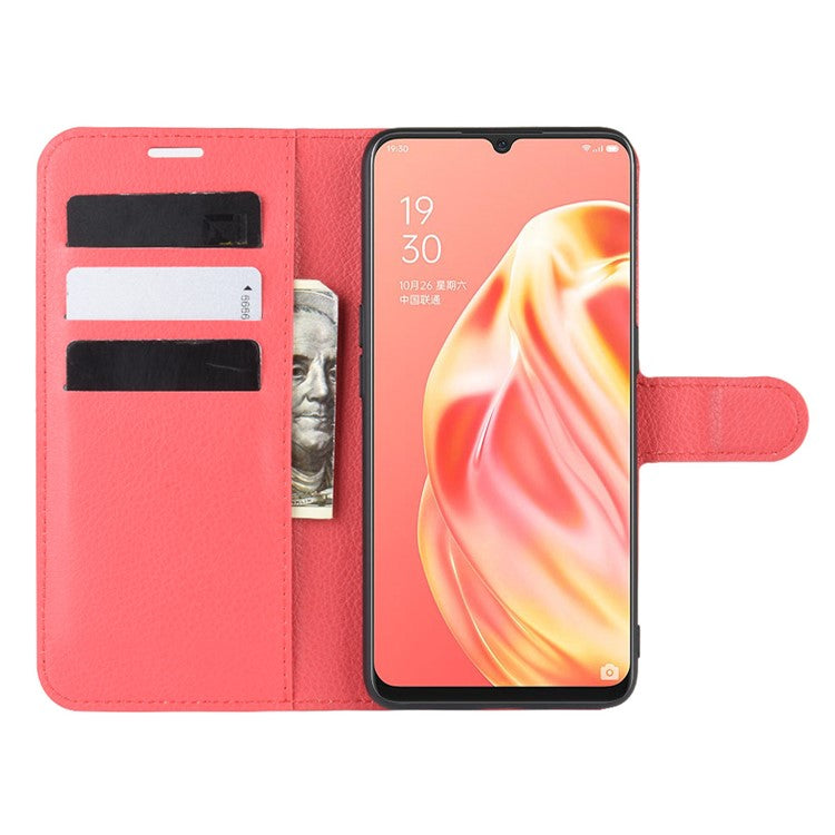 Litchi Texture Wallet Stand Leather Cell Phone Cover for OPPO A91 / F15 - Red