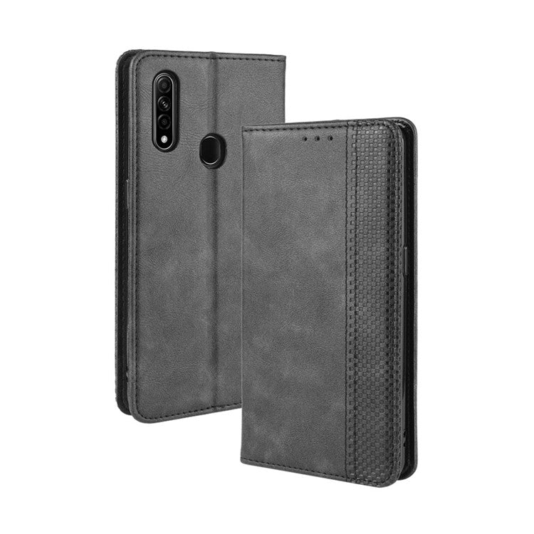 Vintage Style Leather Wallet Stand Phone Shell for Oppo A8/A31 (2020) - Black