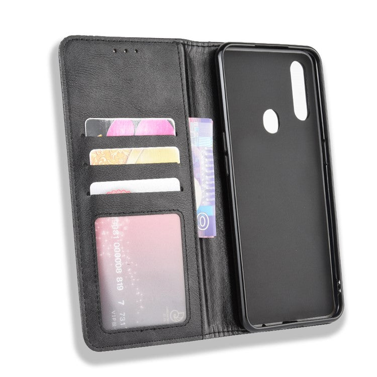 Vintage Style Leather Wallet Stand Phone Shell for Oppo A8/A31 (2020) - Black