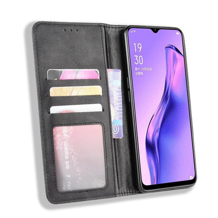 Vintage Style Leather Wallet Stand Phone Shell for Oppo A8/A31 (2020) - Black