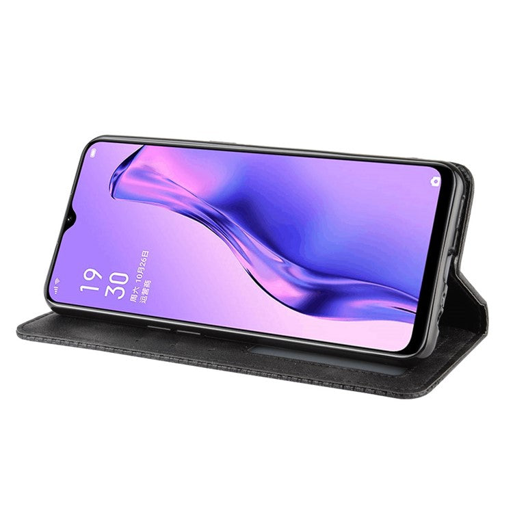 Vintage Style Leather Wallet Stand Phone Shell for Oppo A8/A31 (2020) - Black