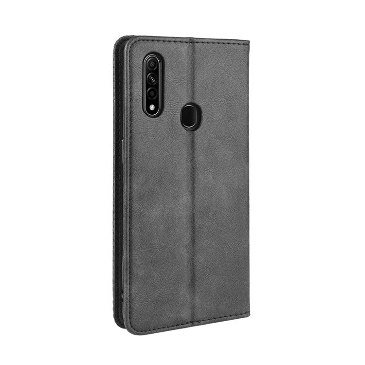 Vintage Style Leather Wallet Stand Phone Shell for Oppo A8/A31 (2020) - Black