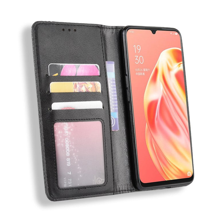 Vintage Style Magnetic Leather Wallet Phone Cover for OPPO A91/F15 - Black