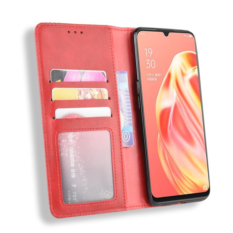 Vintage Style Magnetic Leather Wallet Phone Cover for OPPO A91/F15 - Red