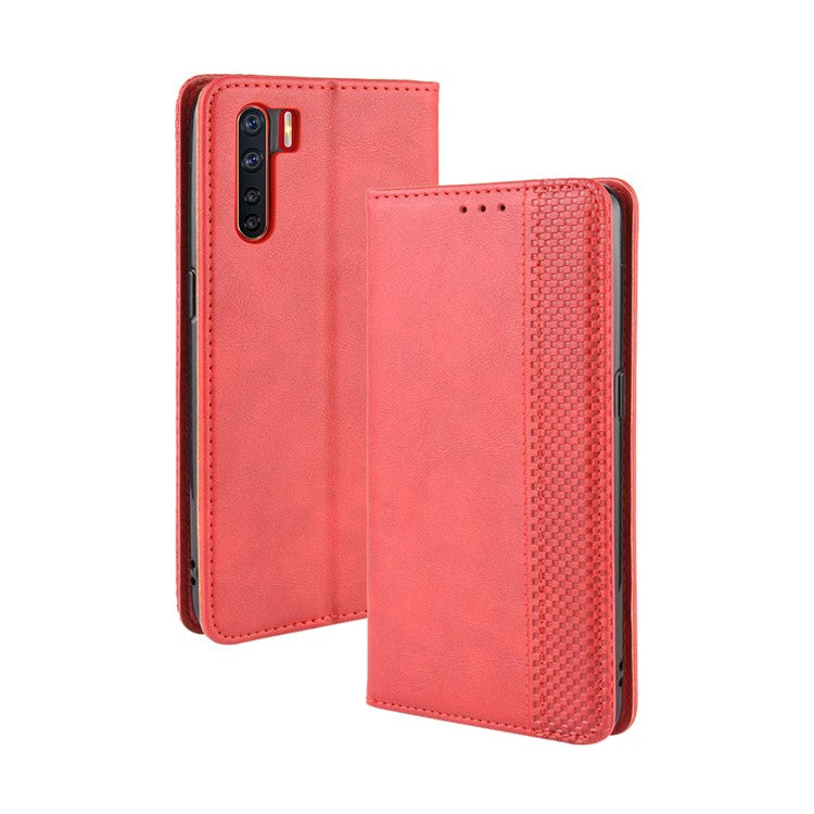 Vintage Style Magnetic Leather Wallet Phone Cover for OPPO A91/F15 - Red