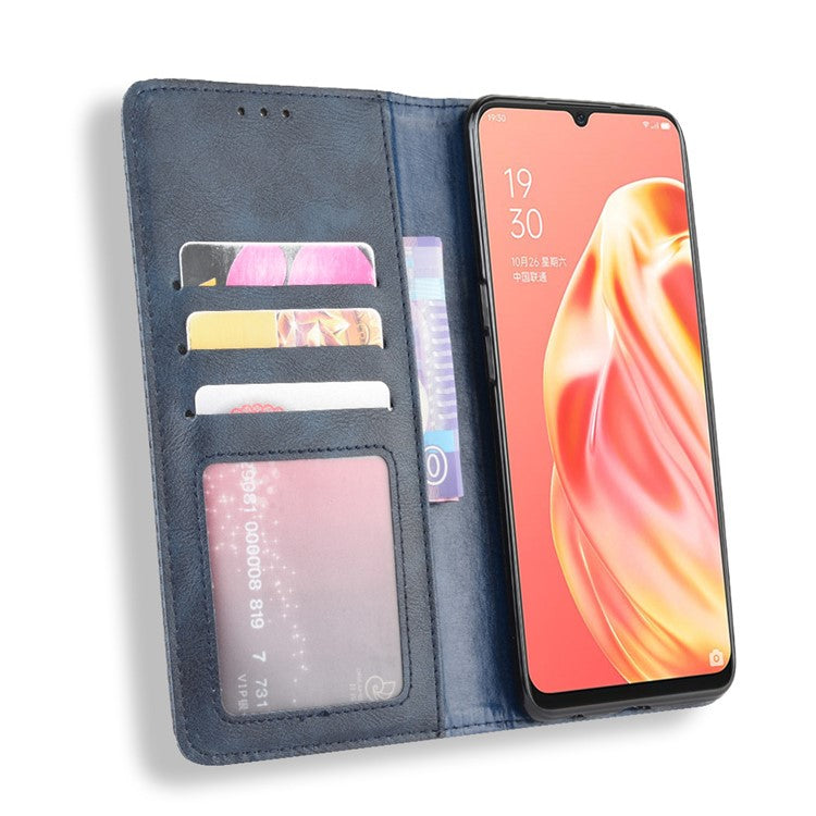 Vintage Style Magnetic Leather Wallet Phone Cover for OPPO A91/F15 - Blue