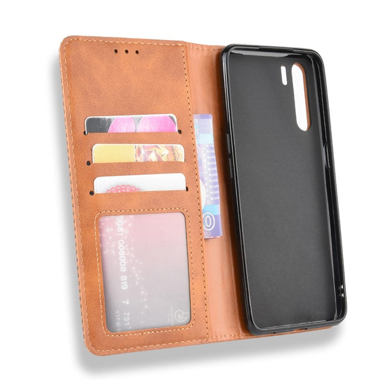 Vintage Style Magnetic Leather Wallet Phone Cover for OPPO A91/F15 - Brown